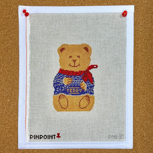 Chocolate Teddy Bear Needlepoint Canvas | Blue Sweater